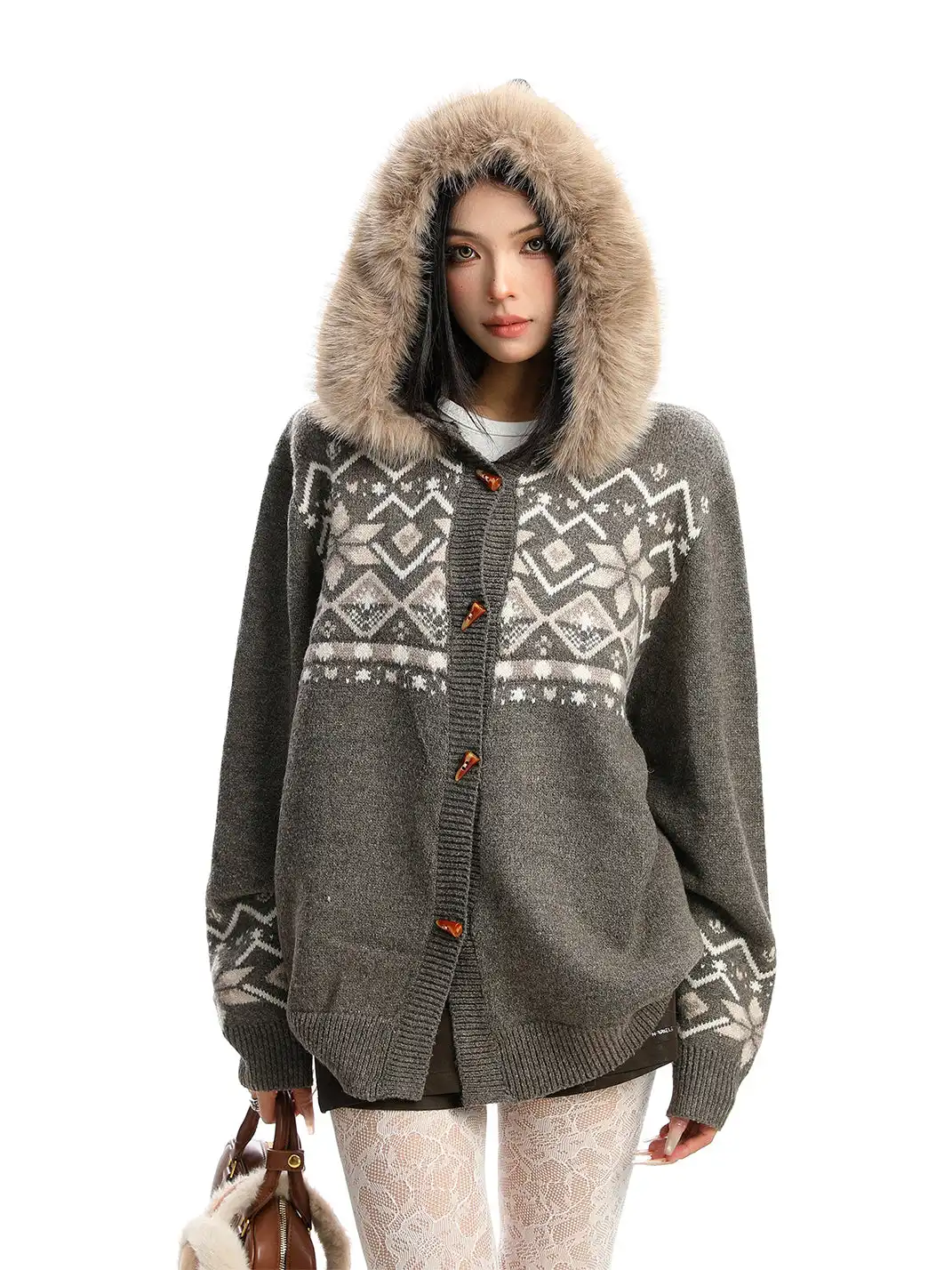 BIGGOLD | Detachable Fur Collar Horn Button Sweater