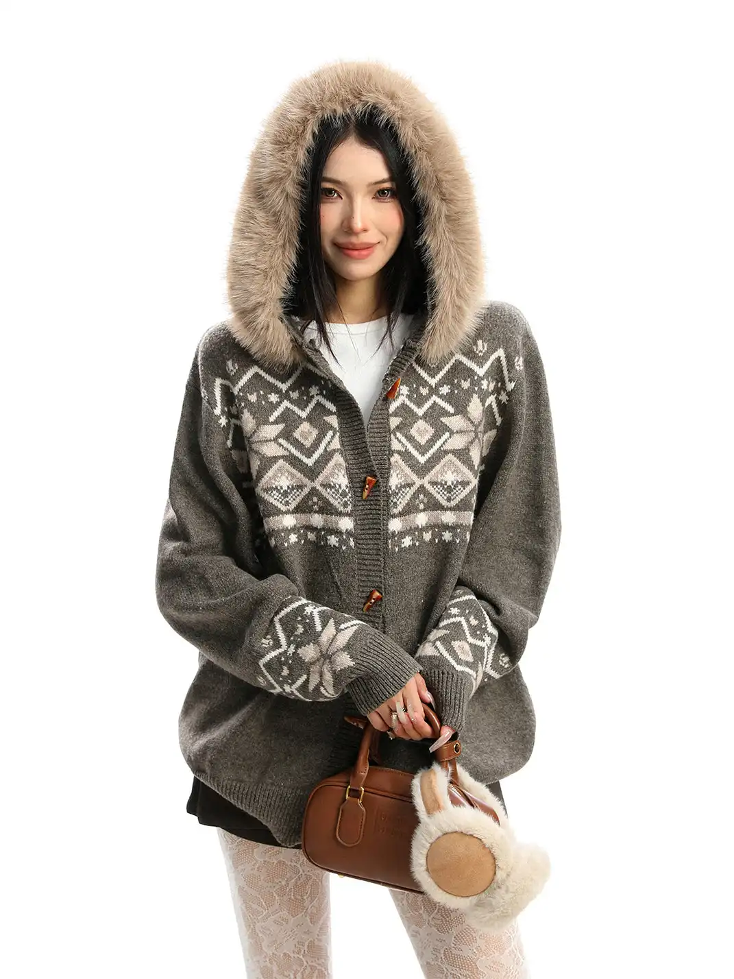BIGGOLD | Detachable Fur Collar Horn Button Sweater