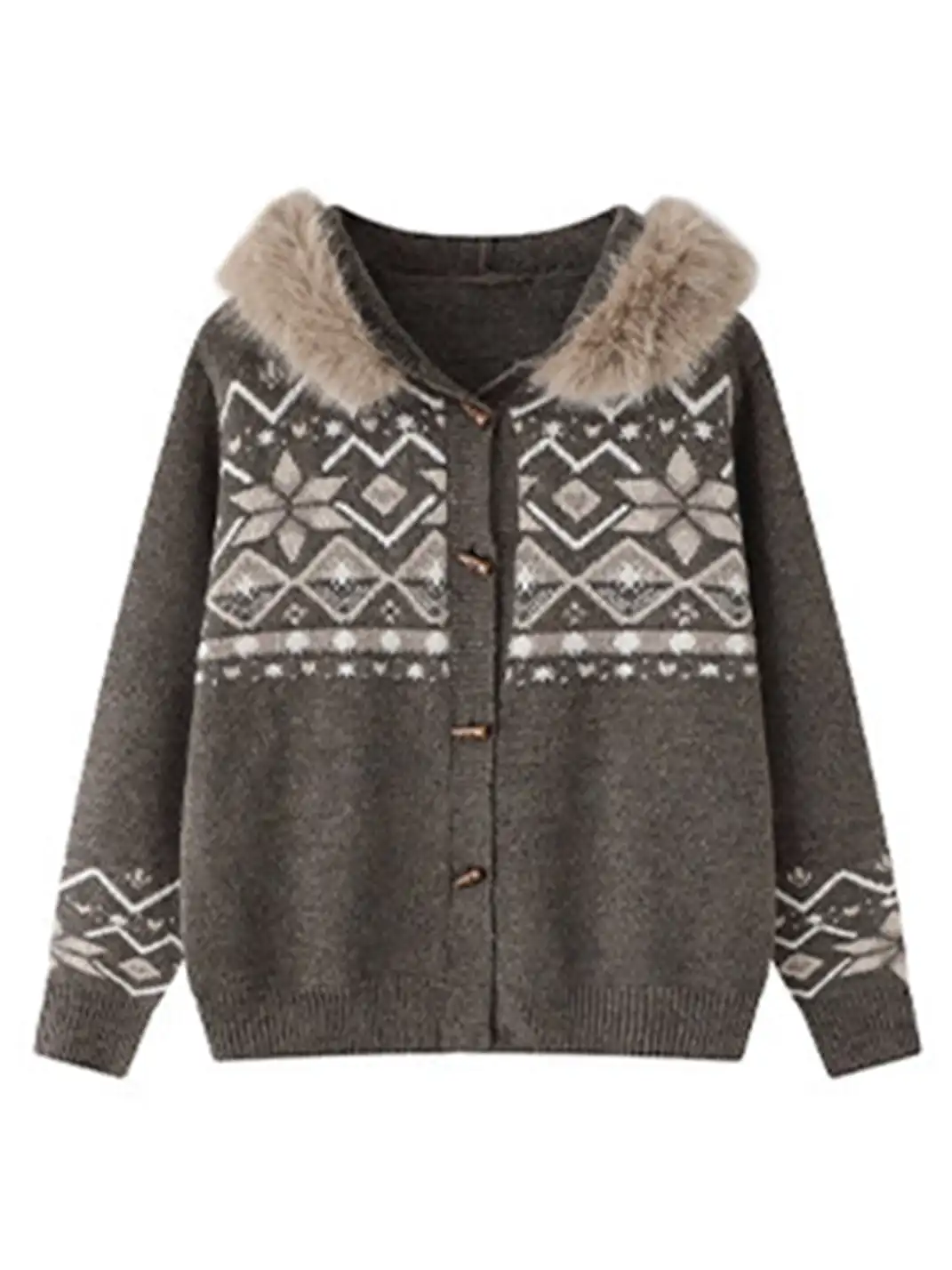 BIGGOLD | Detachable Fur Collar Horn Button Sweater