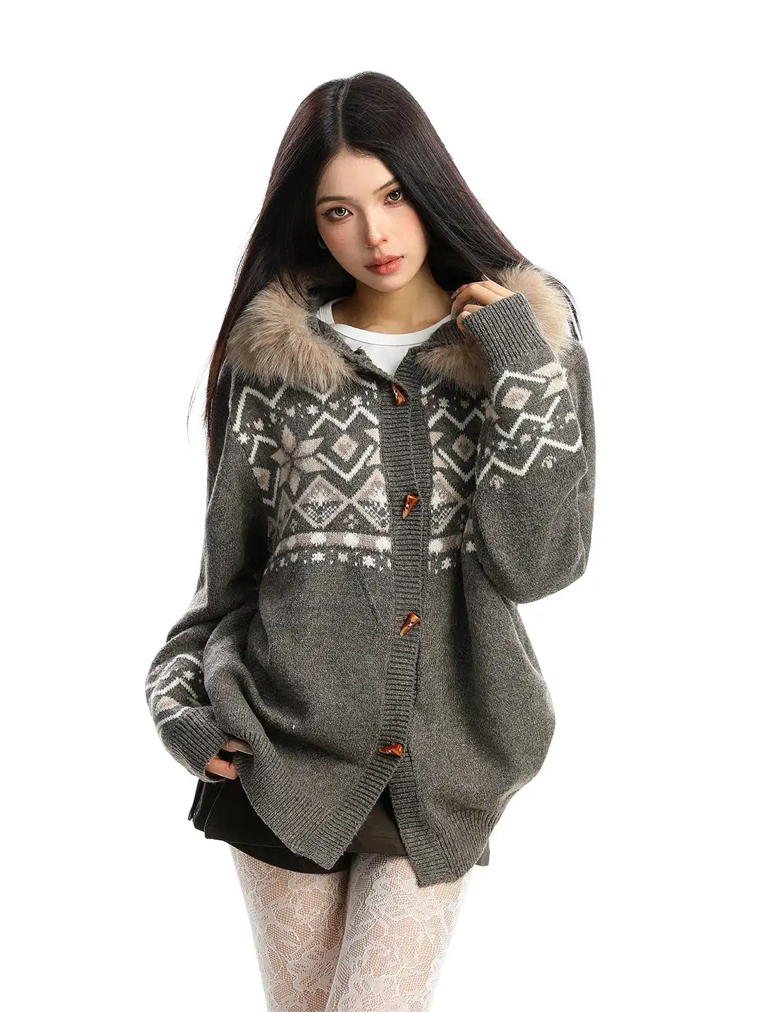 BIGGOLD | Detachable Fur Collar Horn Button Sweater