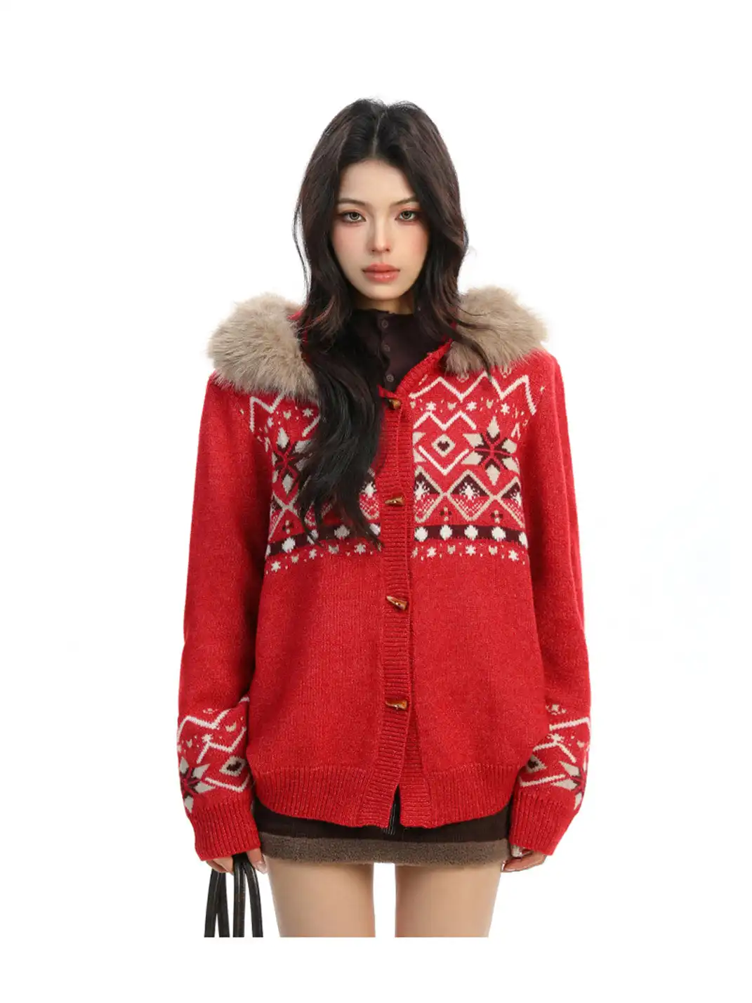 BIGGOLD | Detachable Fur Collar Horn Button Sweater