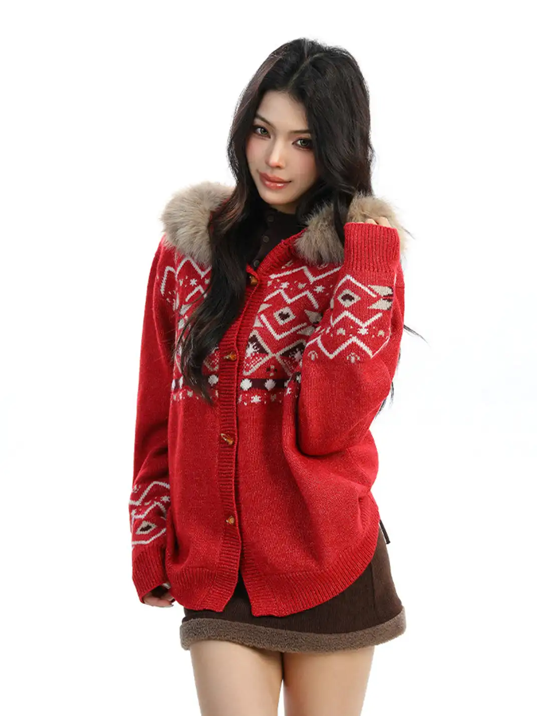 BIGGOLD | Detachable Fur Collar Horn Button Sweater