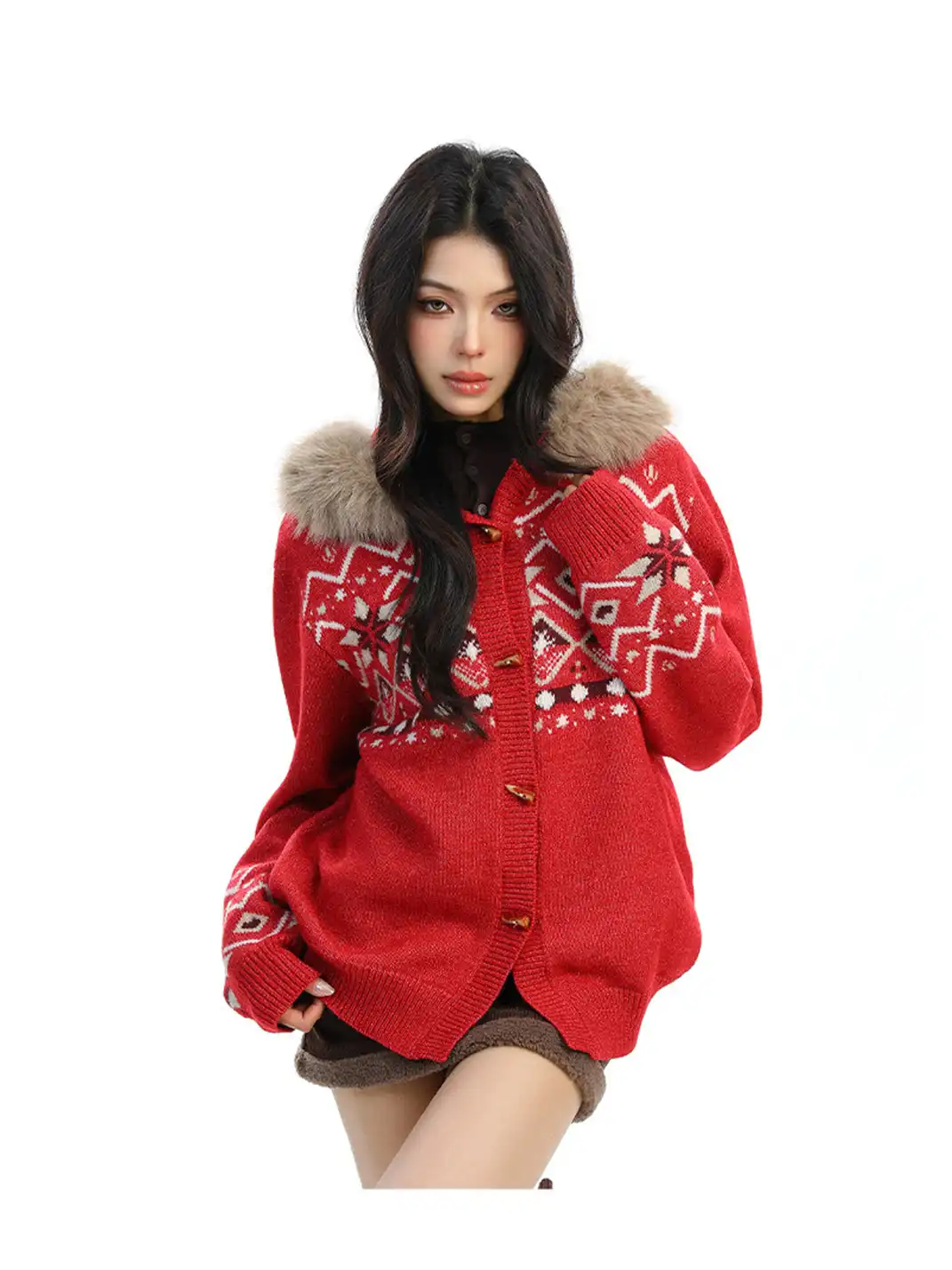 BIGGOLD | Detachable Fur Collar Horn Button Sweater