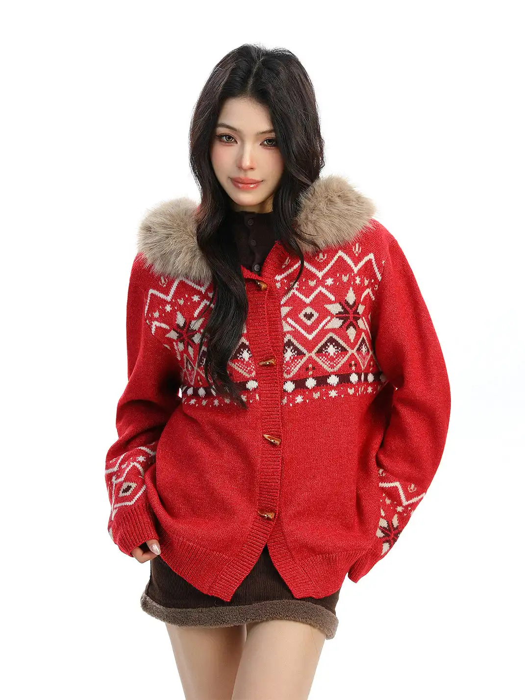 BIGGOLD | Detachable Fur Collar Horn Button Sweater