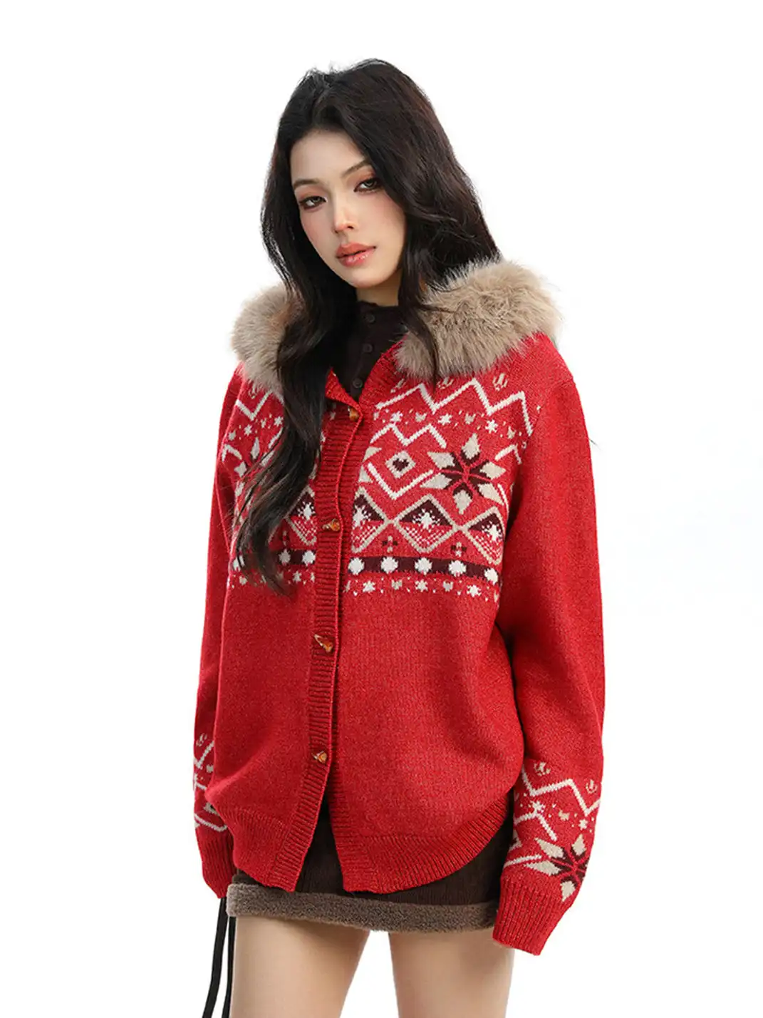 BIGGOLD | Detachable Fur Collar Horn Button Sweater