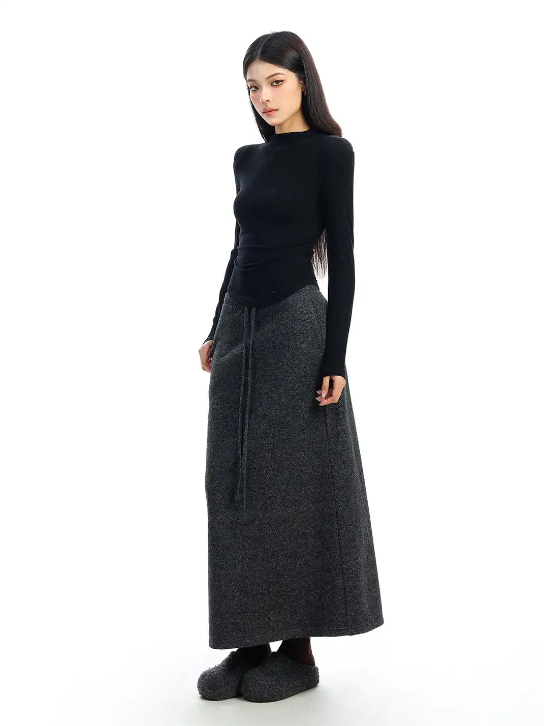 BIGGOLD | Drawstring Straight Wool Midi Skirt