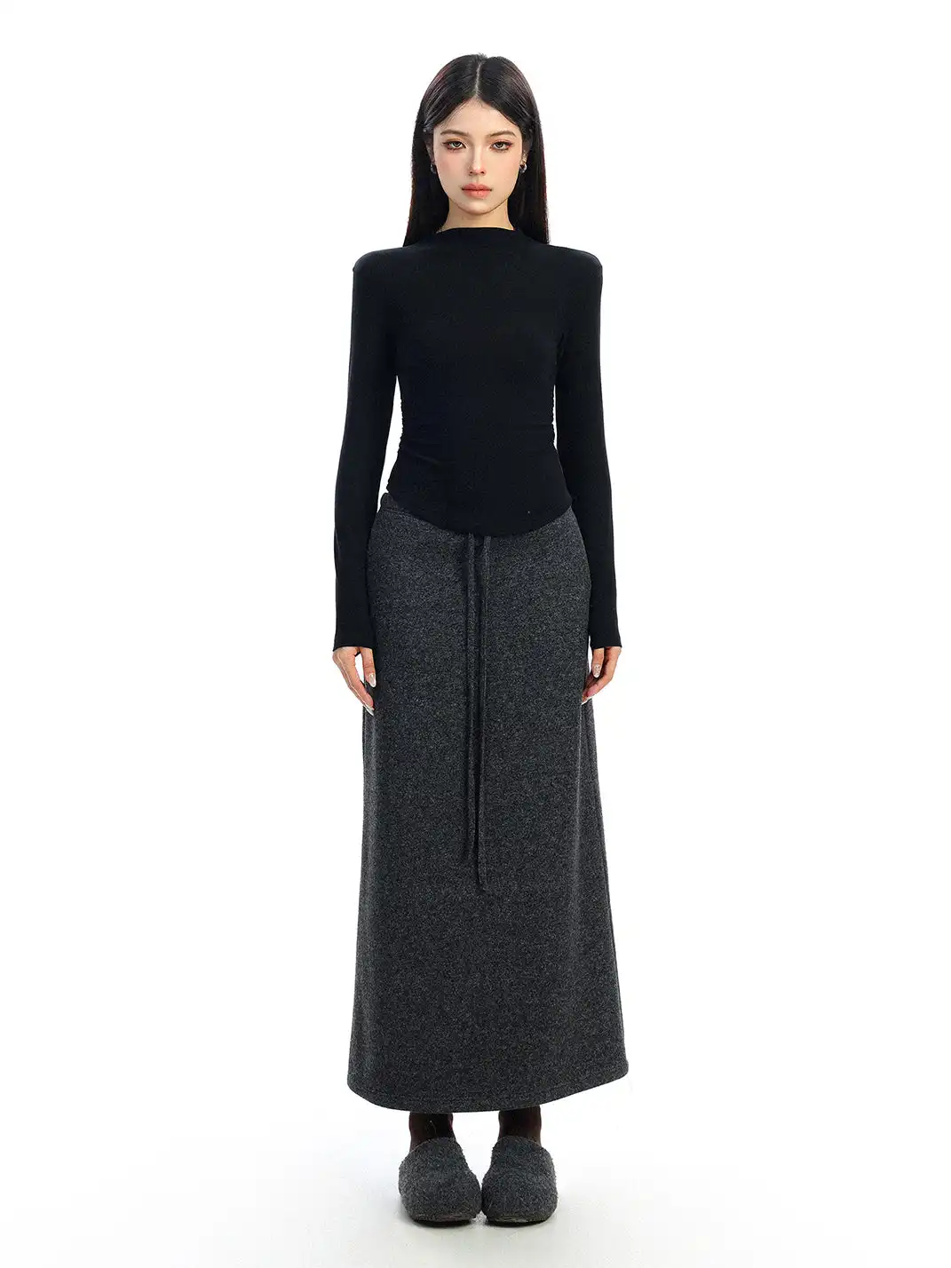BIGGOLD | Drawstring Straight Wool Midi Skirt