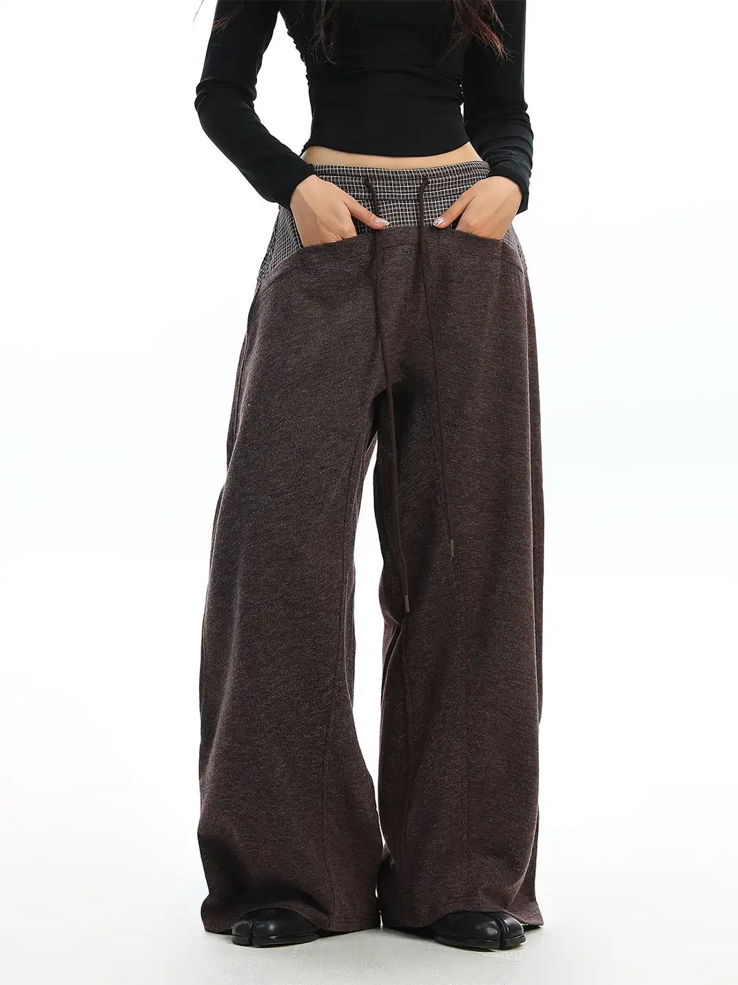 BIGGOLD | Plaid Color-Blocked Drawstring Casual Pants