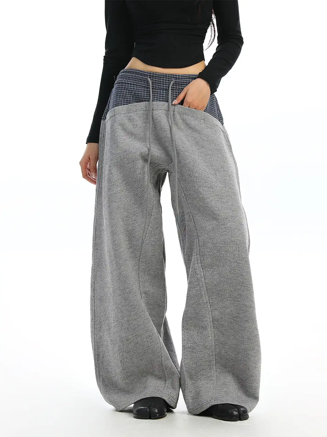 BIGGOLD | Plaid Color-Blocked Drawstring Casual Pants