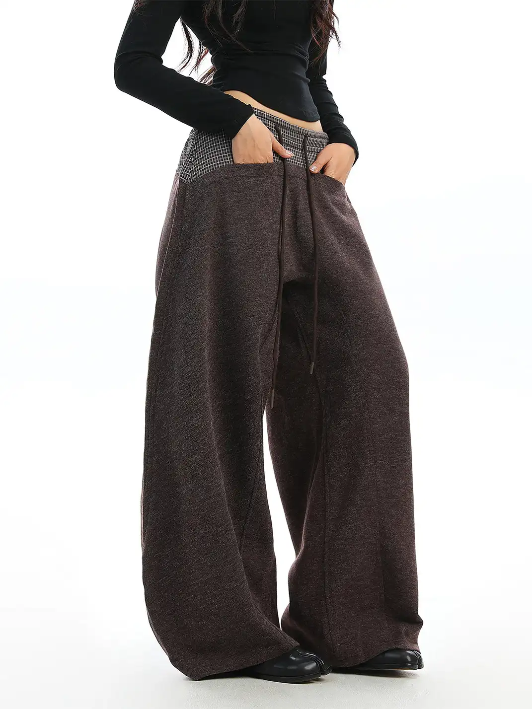 BIGGOLD | Plaid Color-Blocked Drawstring Casual Pants