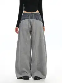 BIGGOLD | Plaid Color-Blocked Drawstring Casual Pants