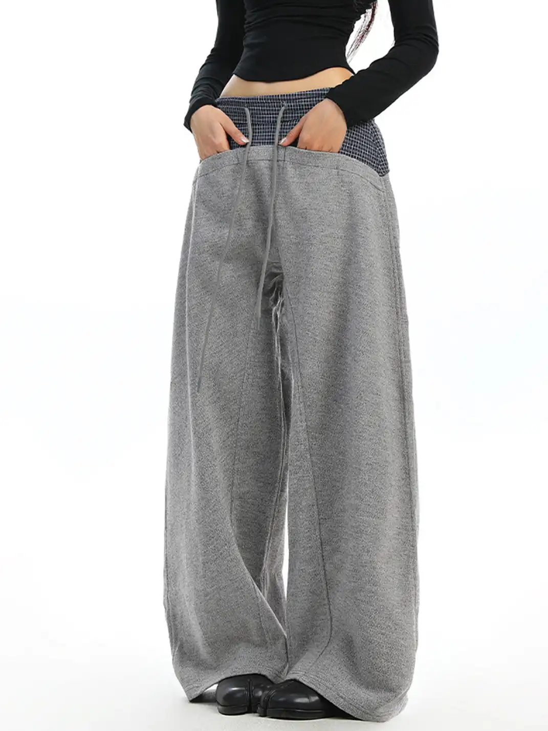 BIGGOLD | Plaid Color-Blocked Drawstring Casual Pants