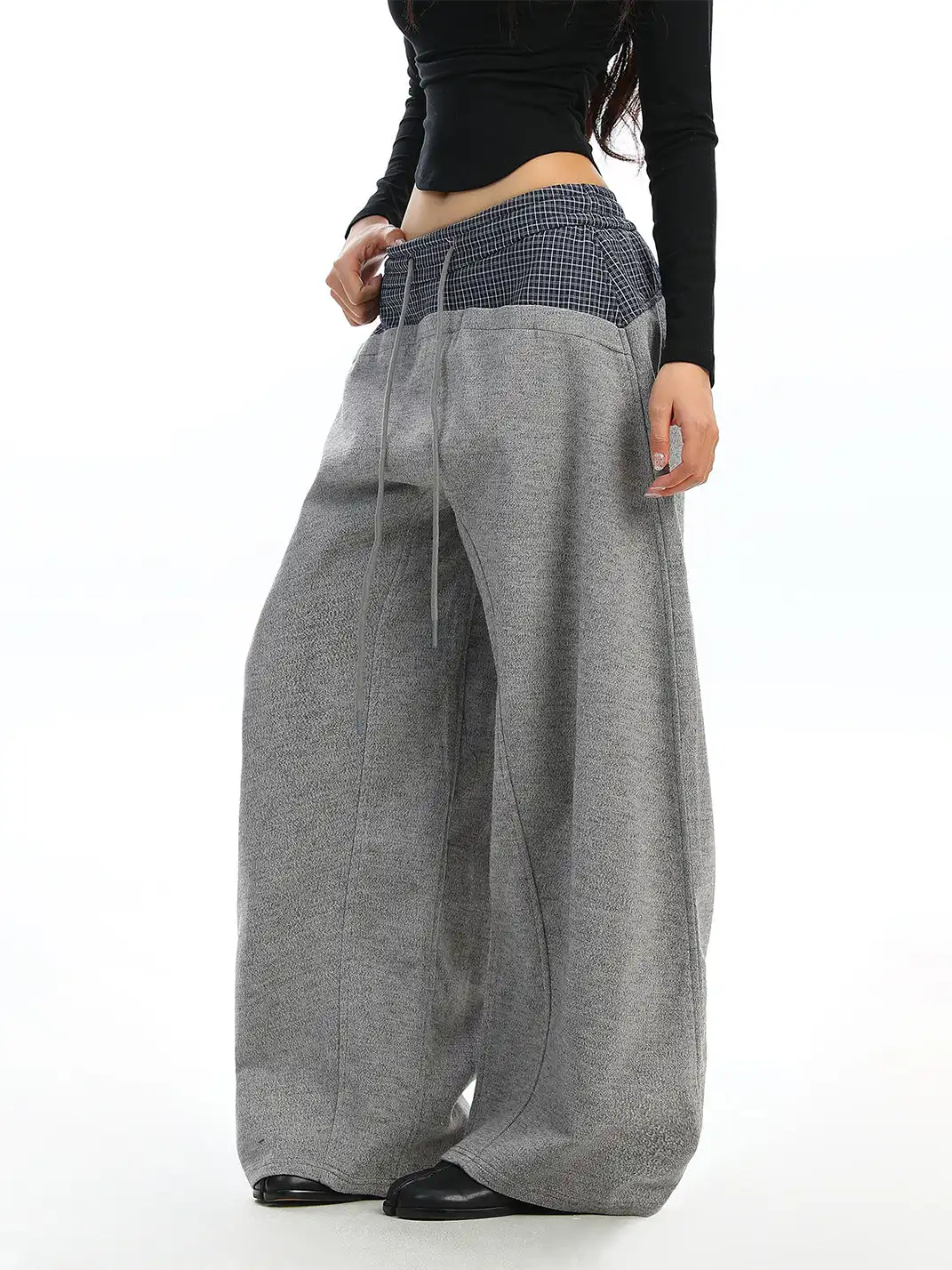 BIGGOLD | Plaid Color-Blocked Drawstring Casual Pants