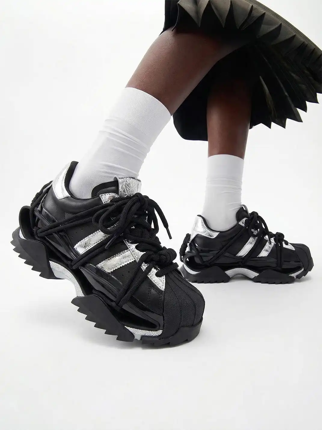 M88M | Futuristic Black and Silver Strapped Sneakers