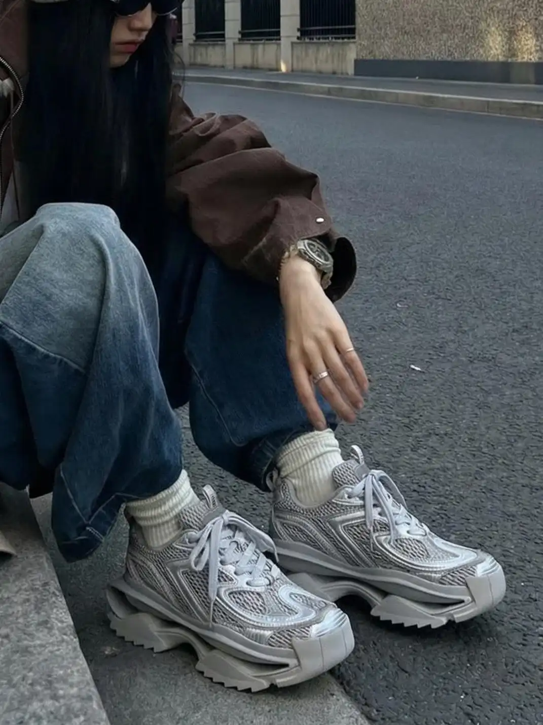 M88M | Grey Mesh Sneakers with Chunky Sole and Sleek Design