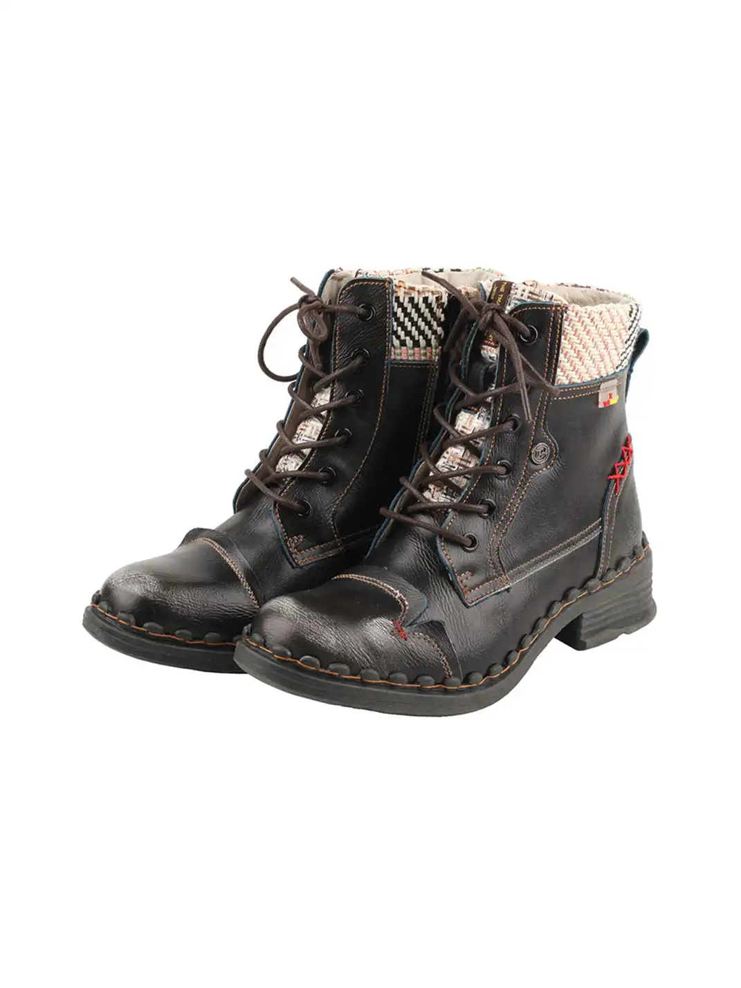 TMA EYES | Hand-Stitched Woven Lace-Up Boots-Black