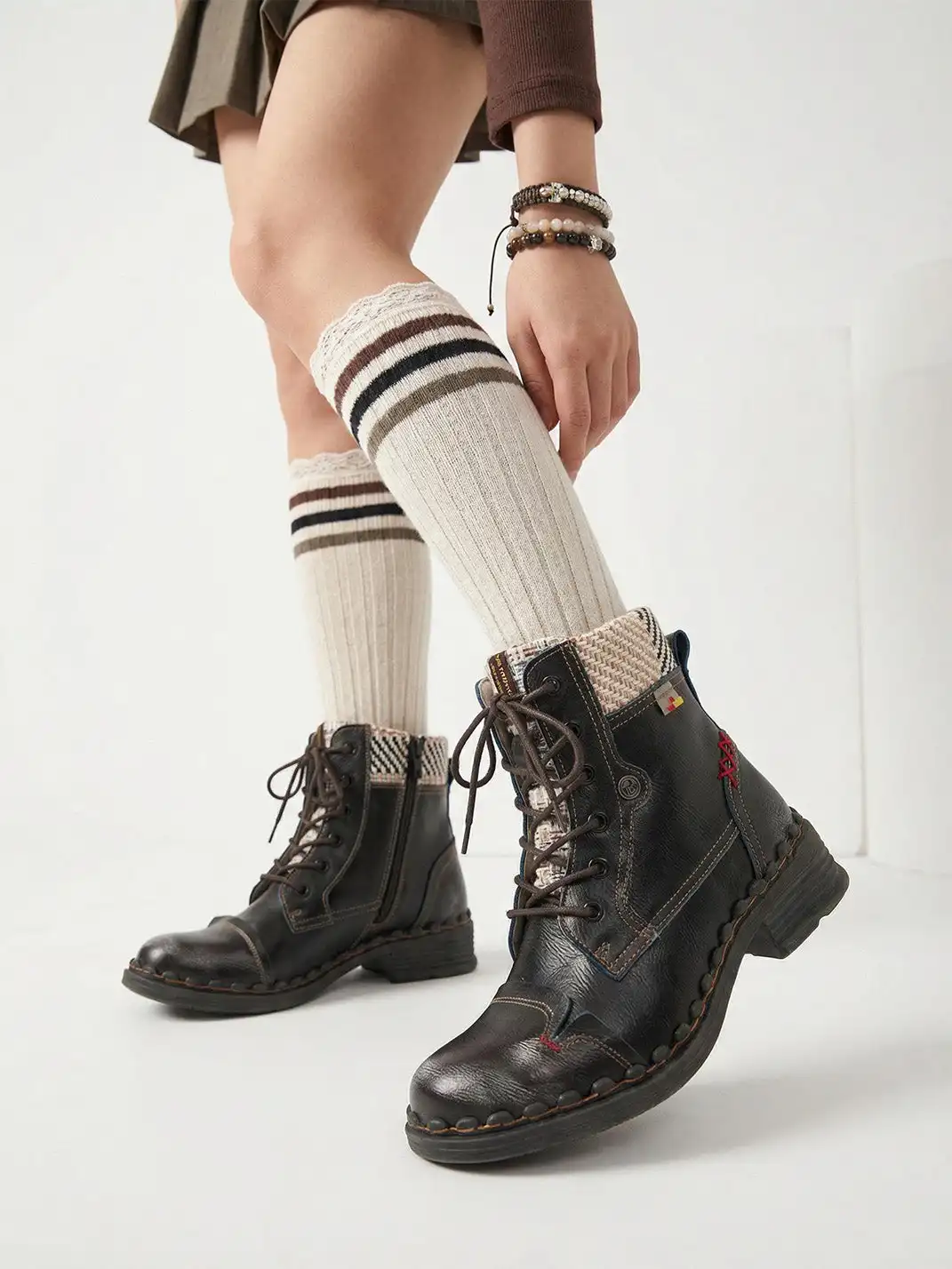 TMA EYES | Hand-Stitched Woven Lace-Up Boots-Black