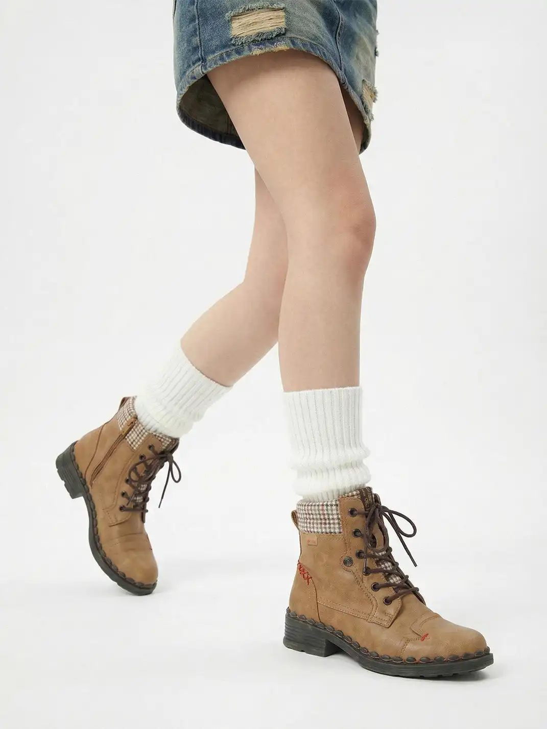 TMA EYES | Hand-Stitched Woven Lace-Up Boots-Brown