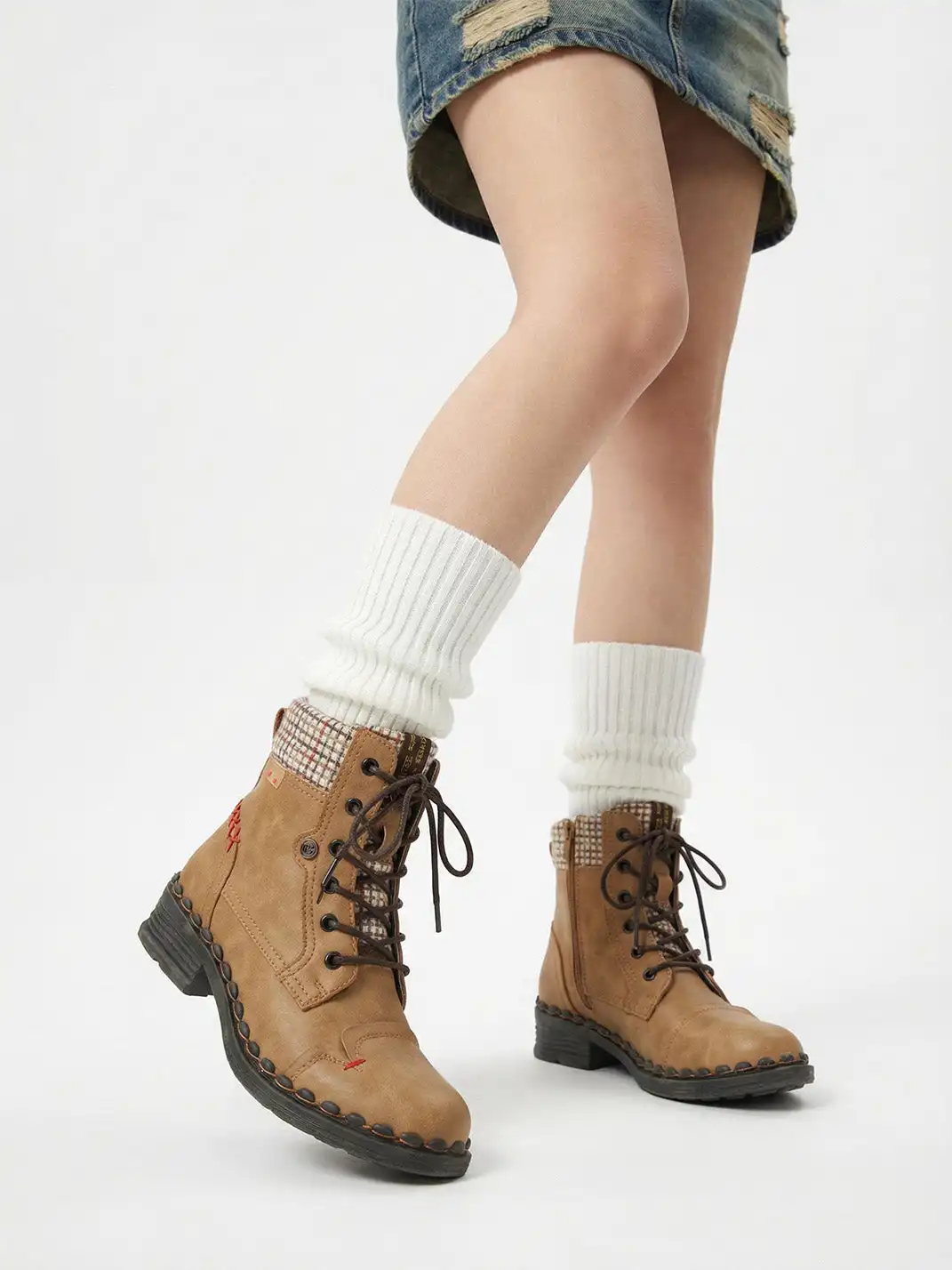TMA EYES | Hand-Stitched Woven Lace-Up Boots-Brown