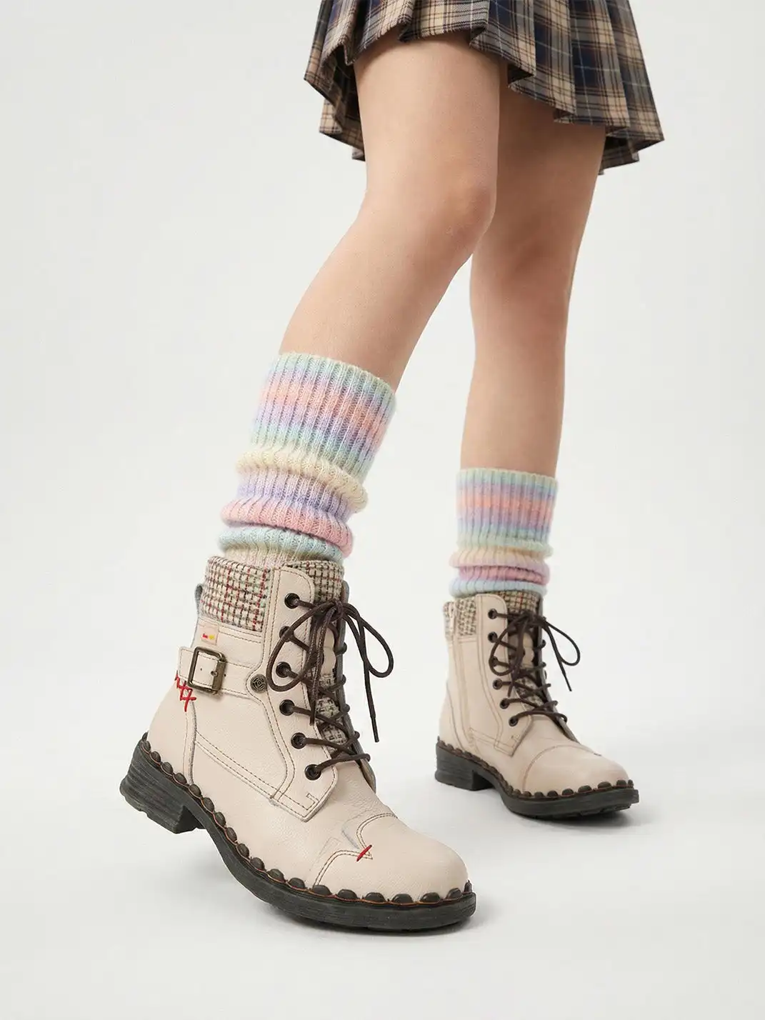 TMA EYES | Hand-Stitched Woven Lace-Up Boots-White