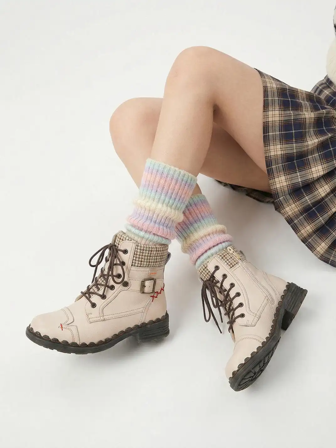 TMA EYES | Hand-Stitched Woven Lace-Up Boots-White