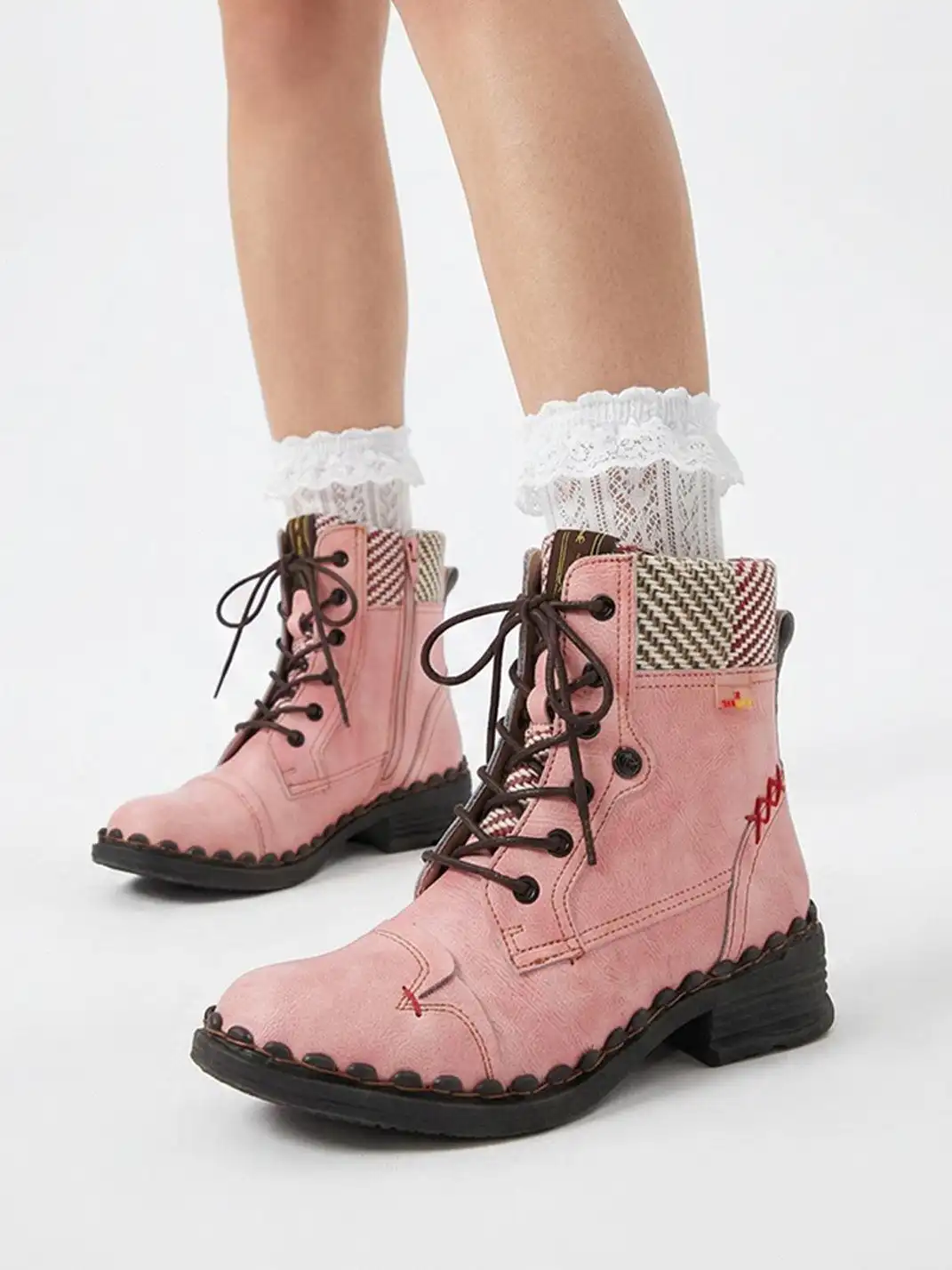 TMA EYES | Hand-Stitched Woven Lace-Up Boots-Pink