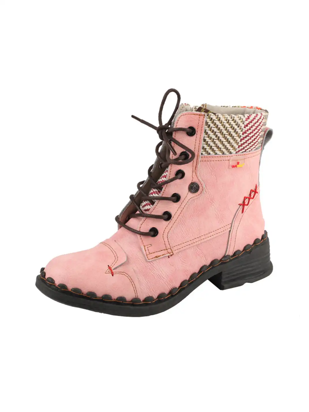 TMA EYES | Hand-Stitched Woven Lace-Up Boots-Pink