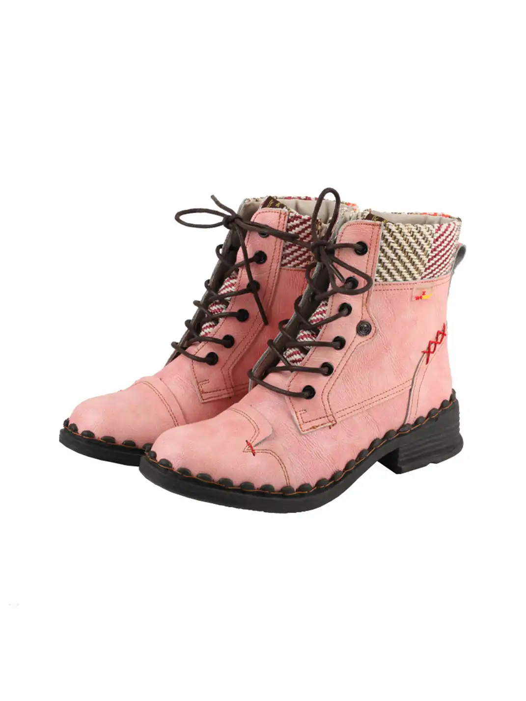 TMA EYES | Hand-Stitched Woven Lace-Up Boots-Pink