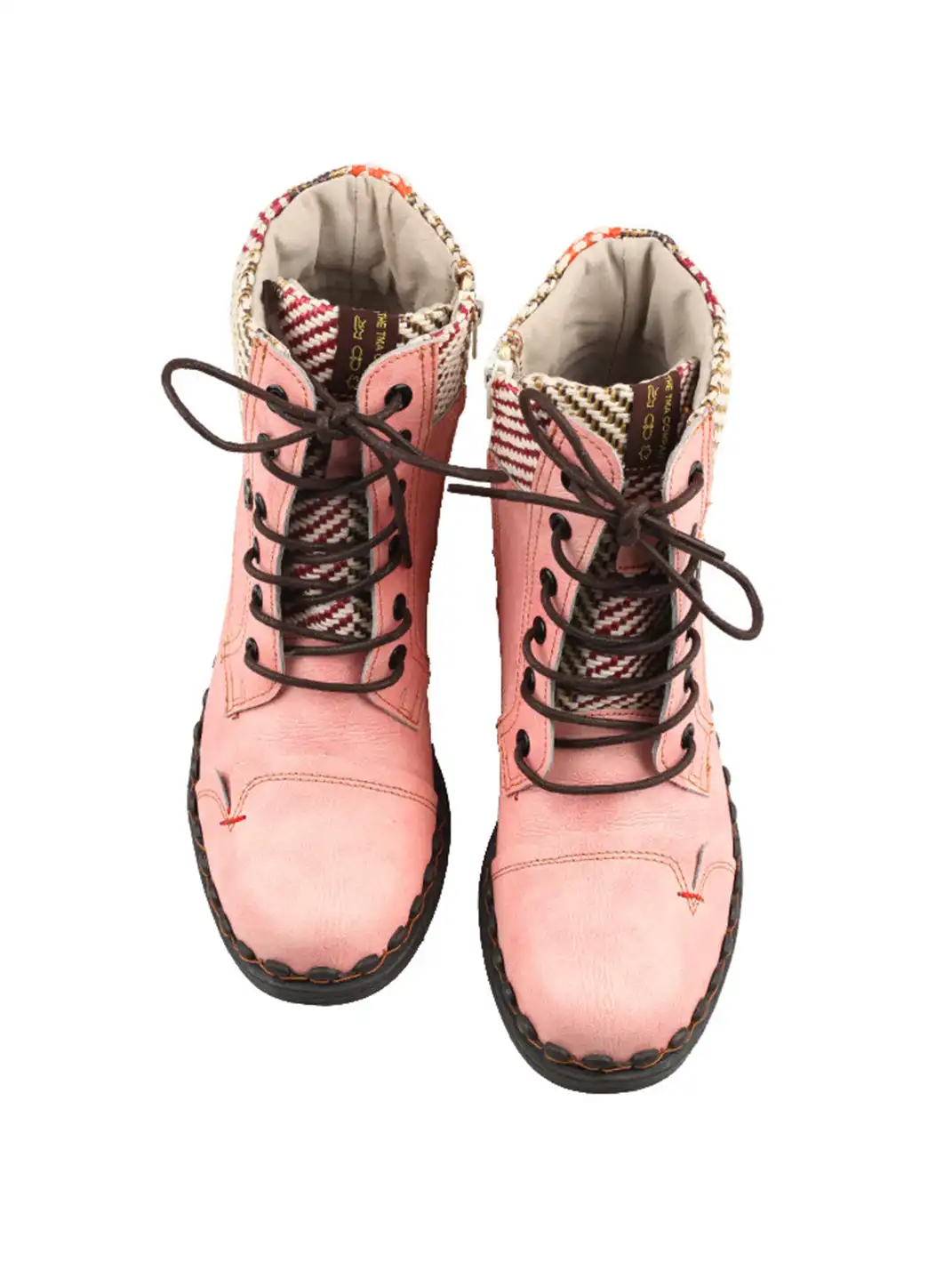 TMA EYES | Hand-Stitched Woven Lace-Up Boots-Pink