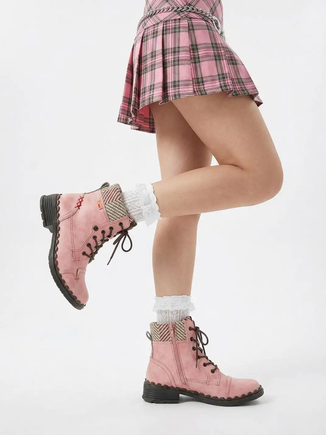 TMA EYES | Hand-Stitched Woven Lace-Up Boots-Pink