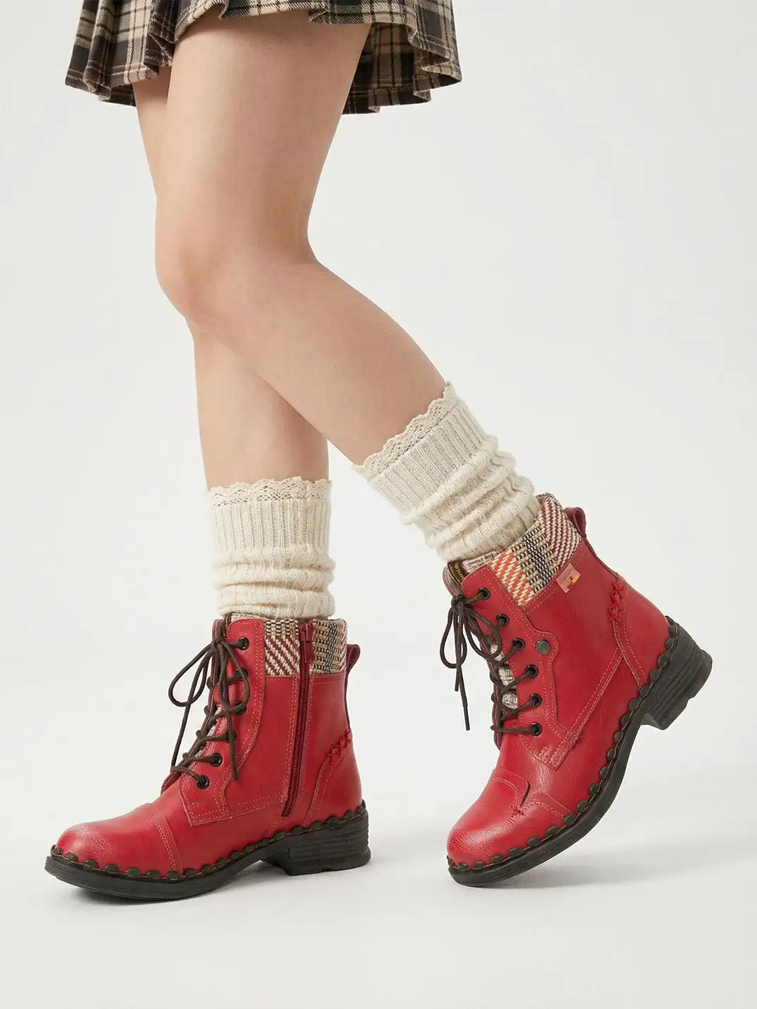TMA EYES | Hand-Stitched Woven Lace-Up Boots-Red