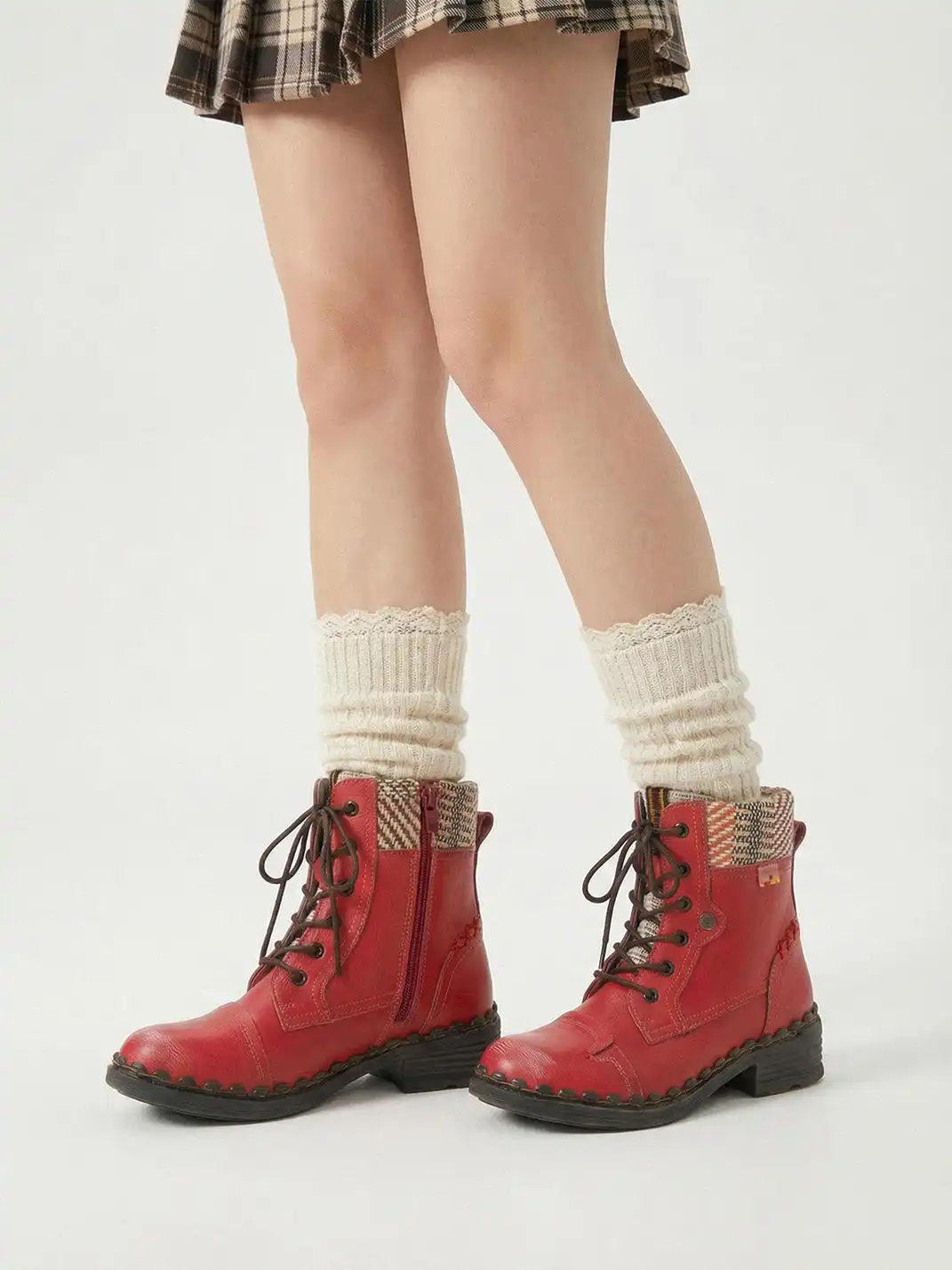TMA EYES | Hand-Stitched Woven Lace-Up Boots-Red