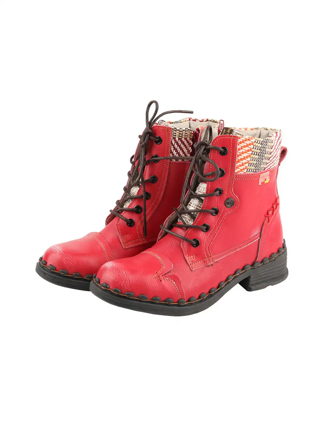 TMA EYES | Hand-Stitched Woven Lace-Up Boots-Red