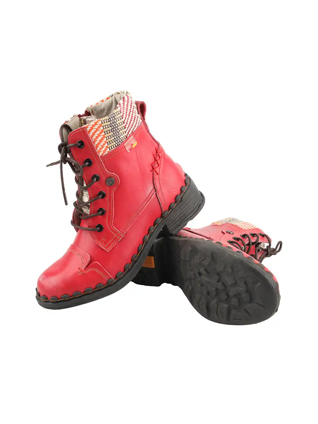 TMA EYES | Hand-Stitched Woven Lace-Up Boots-Red
