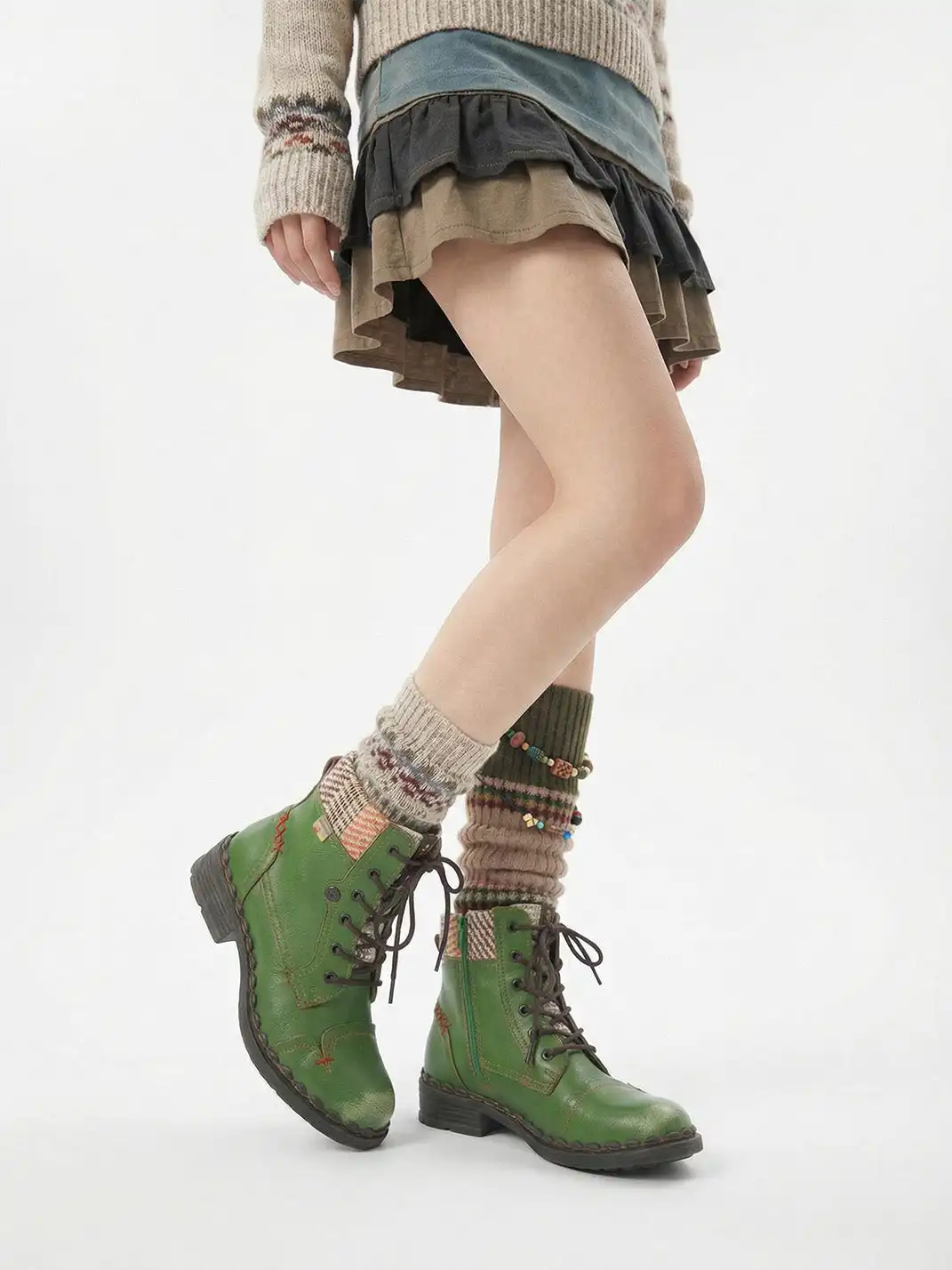 TMA EYES | Hand-Stitched Woven Lace-Up Boots-Green