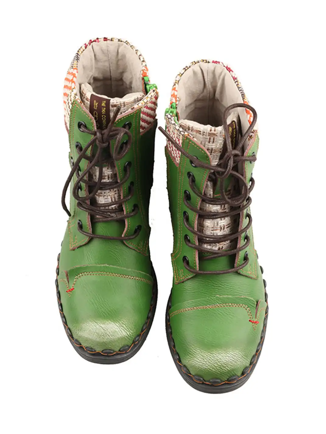 TMA EYES | Hand-Stitched Woven Lace-Up Boots-Green