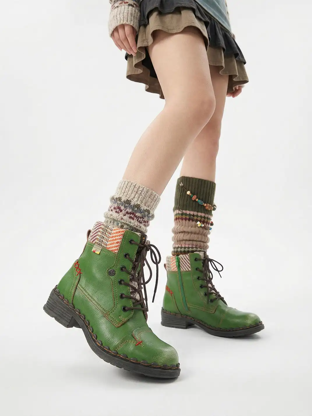 TMA EYES | Hand-Stitched Woven Lace-Up Boots-Green