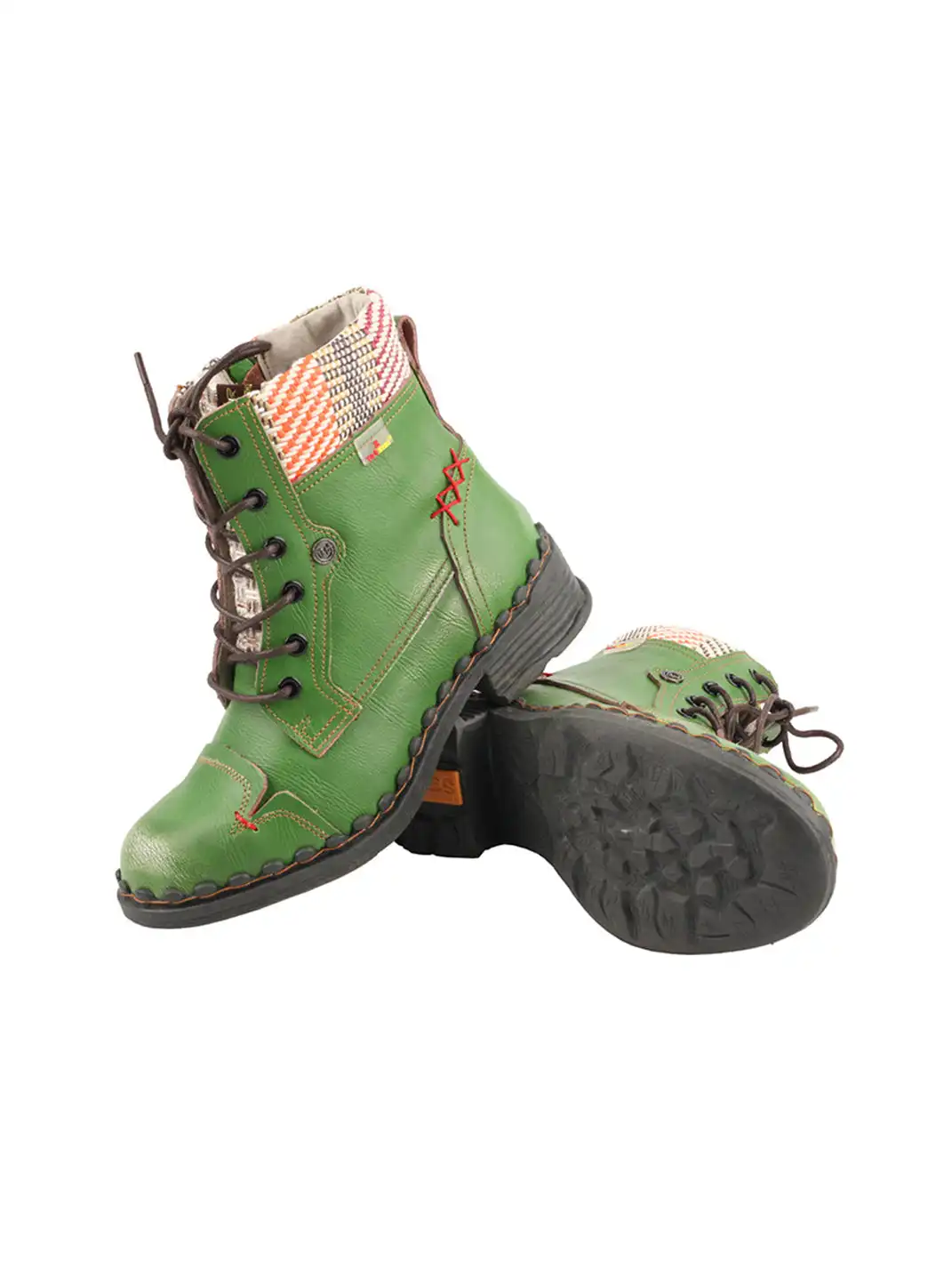 TMA EYES | Hand-Stitched Woven Lace-Up Boots-Green