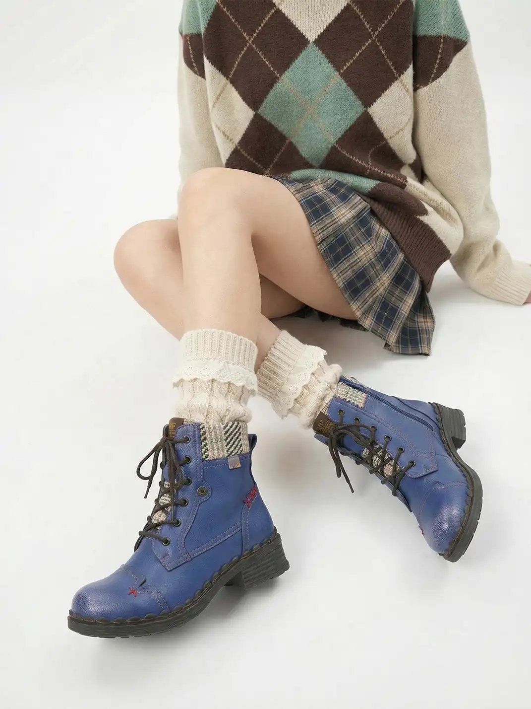 TMA EYES | Hand-Stitched Woven Lace-Up Boots-Blue