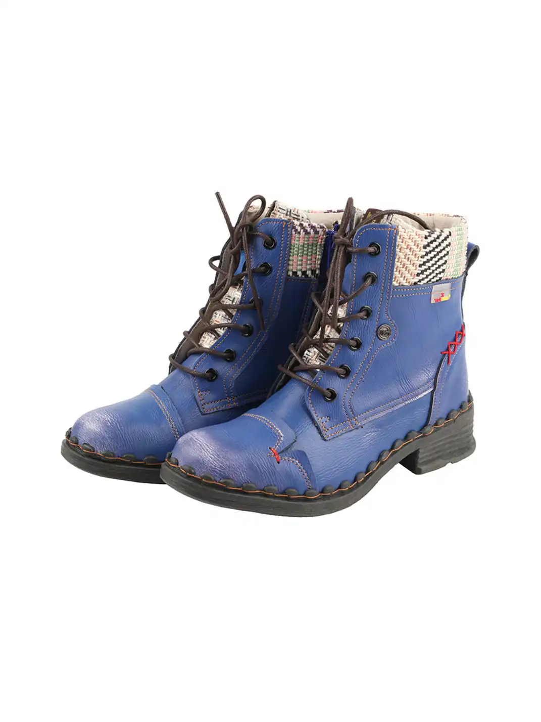 TMA EYES | Hand-Stitched Woven Lace-Up Boots-Blue
