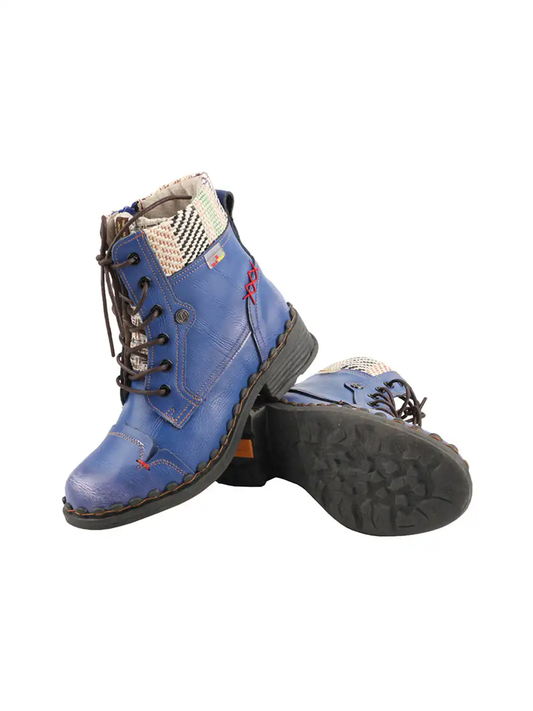 TMA EYES | Hand-Stitched Woven Lace-Up Boots-Blue