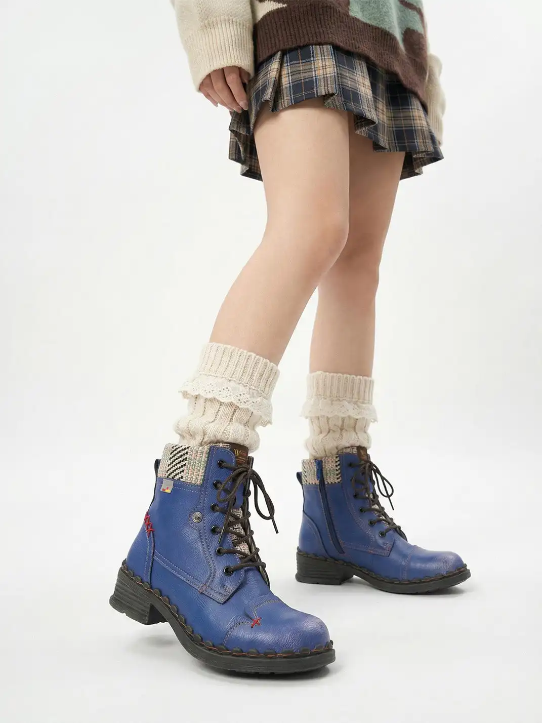 TMA EYES | Hand-Stitched Woven Lace-Up Boots-Blue