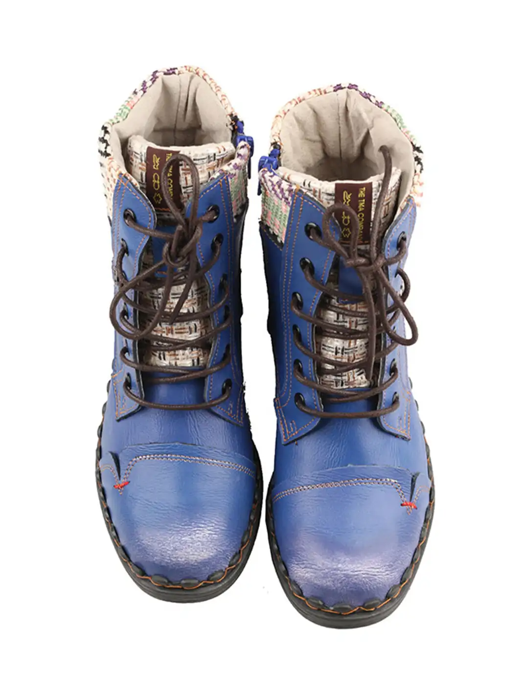 TMA EYES | Hand-Stitched Woven Lace-Up Boots-Blue