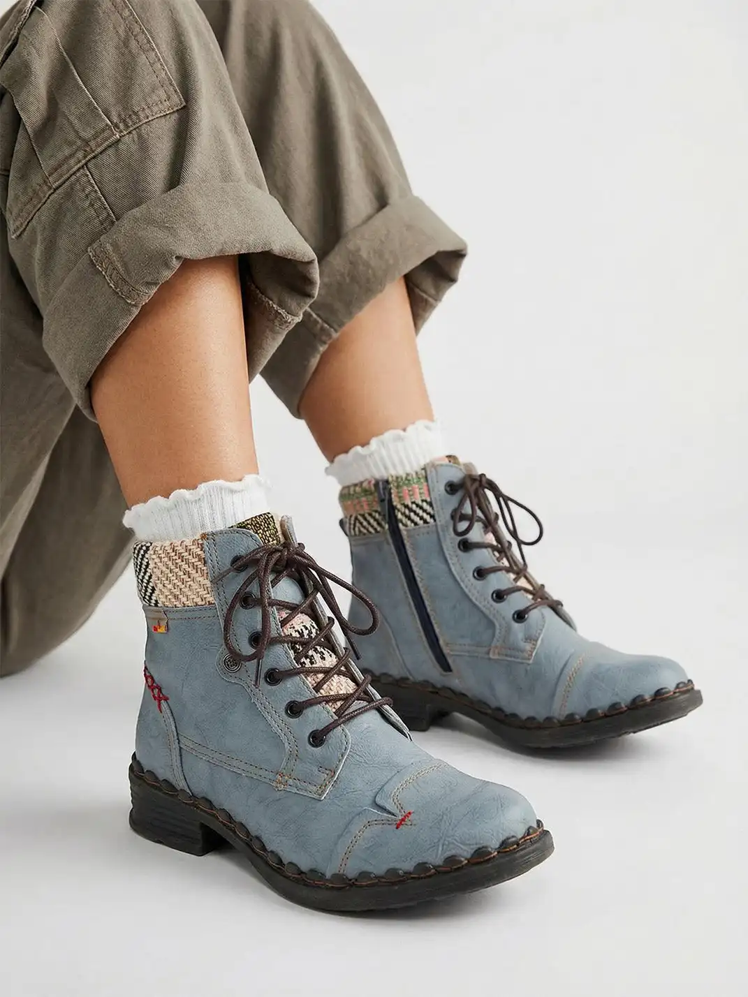 TMA EYES | Hand-Stitched Woven Lace-Up Boots-Gray