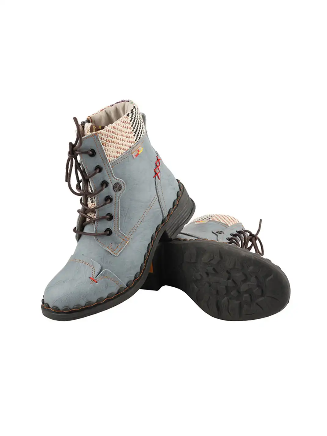 TMA EYES | Hand-Stitched Woven Lace-Up Boots-Gray
