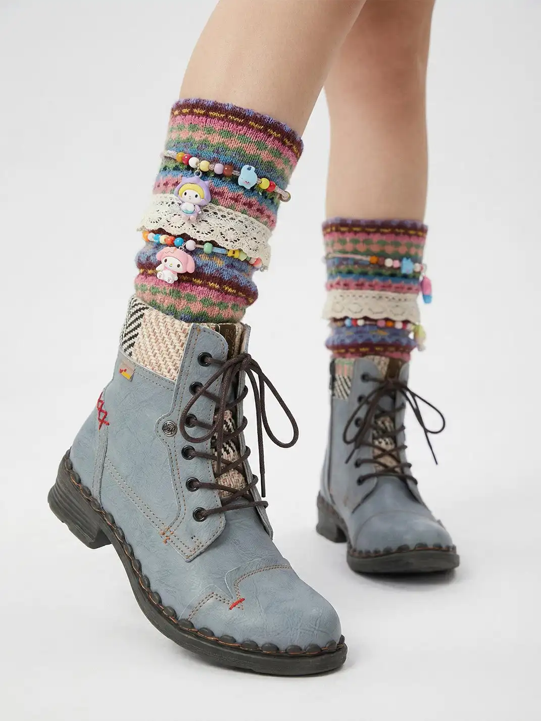 TMA EYES | Hand-Stitched Woven Lace-Up Boots-Gray