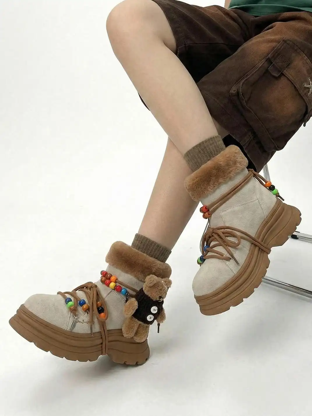 KILLWINNER | Bear Plush Platform Snow Boots-Khaki