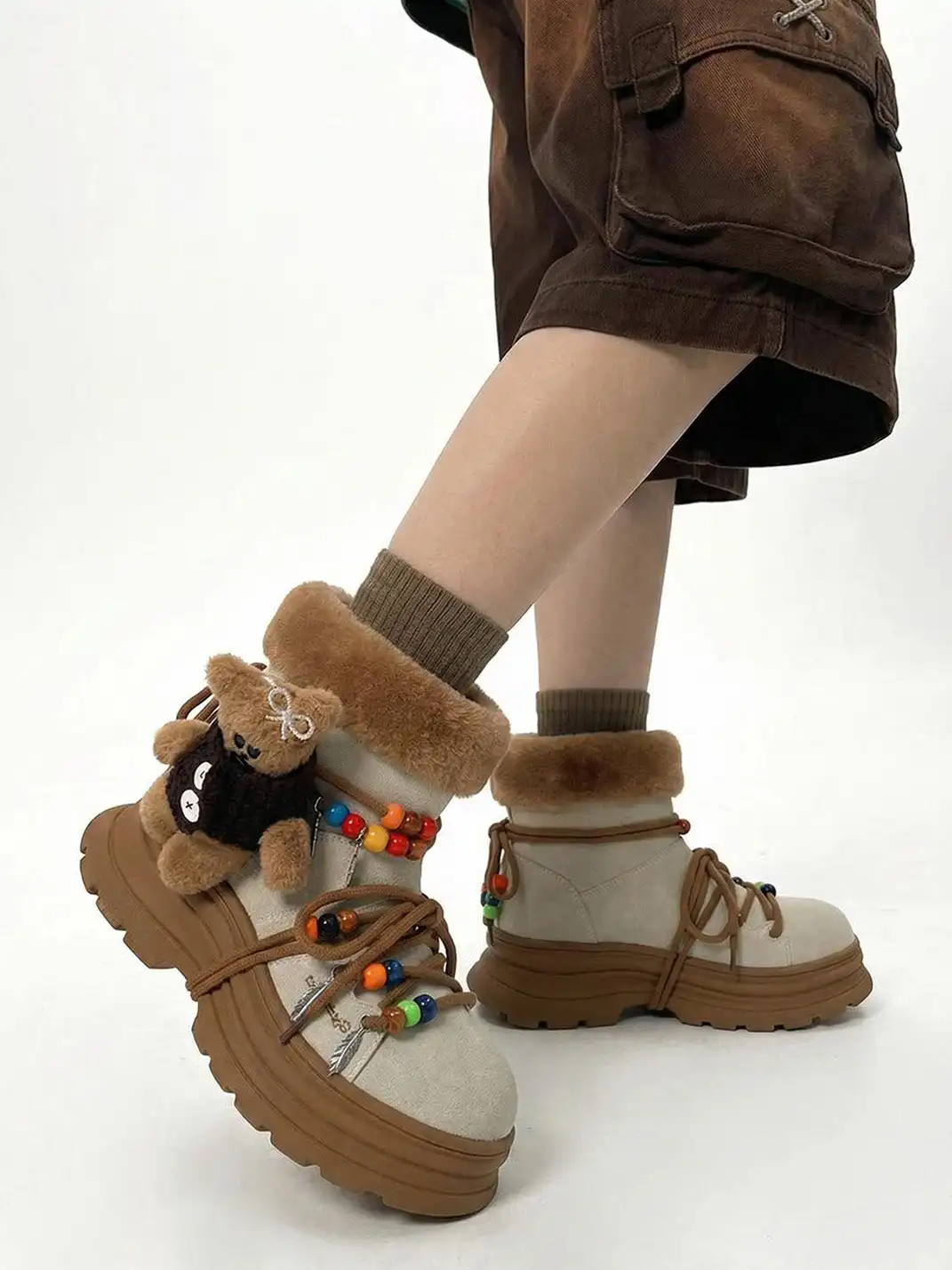KILLWINNER | Bear Plush Platform Snow Boots-Khaki