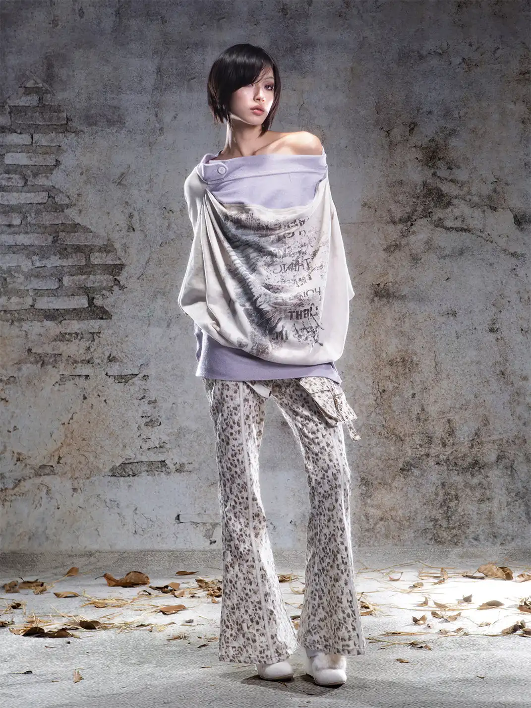 ARIADNAw | Batwing Sleeve Printed Off-the-Shoulder Top