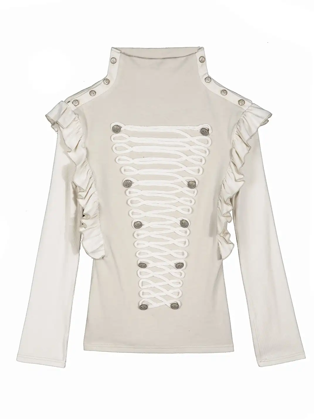 ARIADNAw | Ruffled Lace-Up Shoulder Turtleneck Top